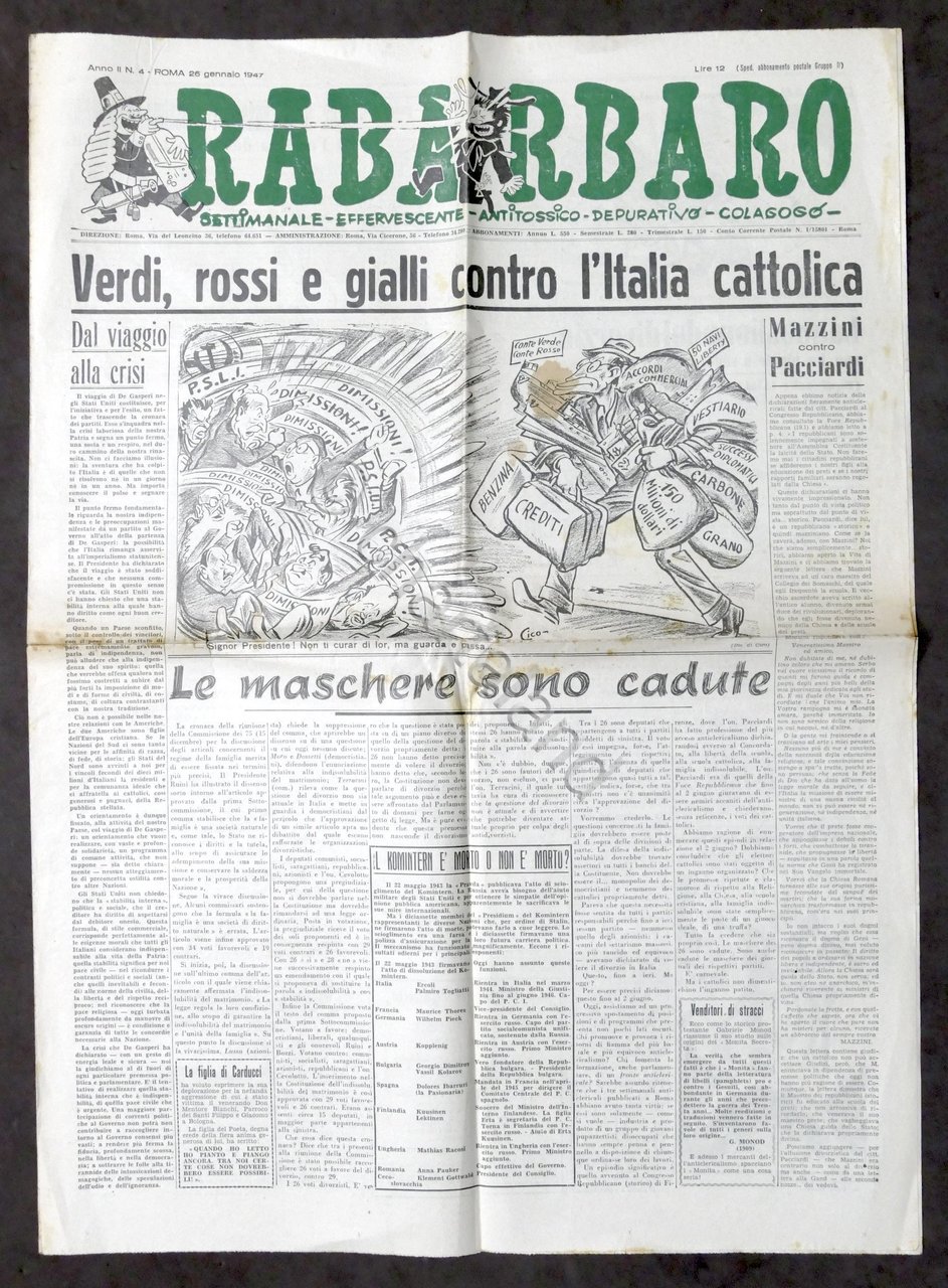 Giornale Settimanale Satira - Rabarbaro N. 4 Roma - 194
