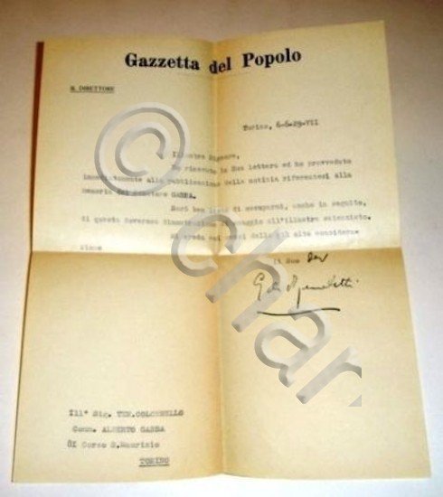 Giornalismo Lettera Autografo G. De Benedetti Gazzetta del Popolo 1929