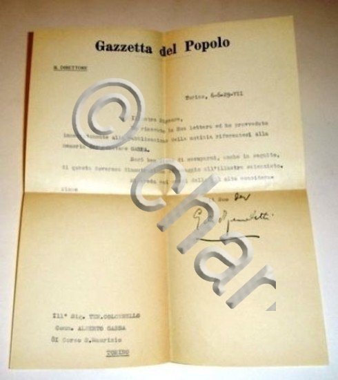 Giornalismo Lettera Autografo G. De Benedetti Gazzetta del Popolo 1929
