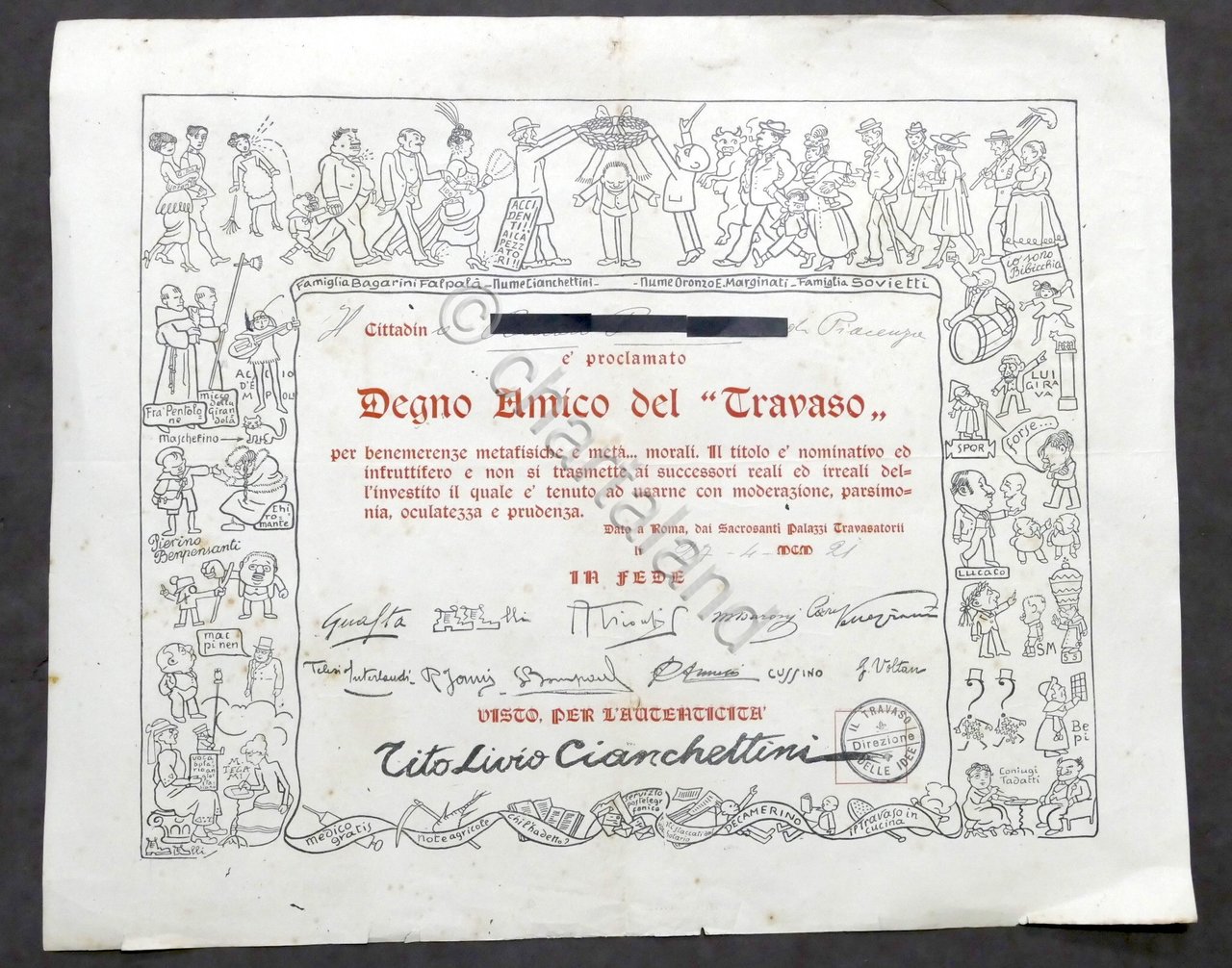 Goliardia - Diploma - Degno Amico del Travaso - 1921