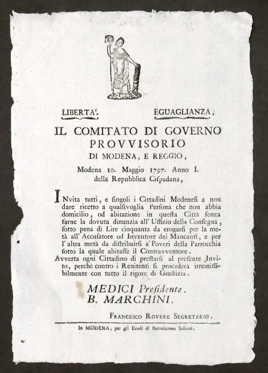 Governo Provvisorio Modena e Reggio Regolamento domicilio persone esterne - 1797