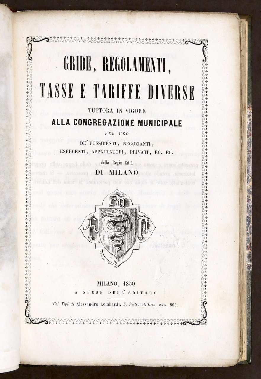Gride regolamenti tasse e tariffe diverse della Città di Milano … | Immagine principale