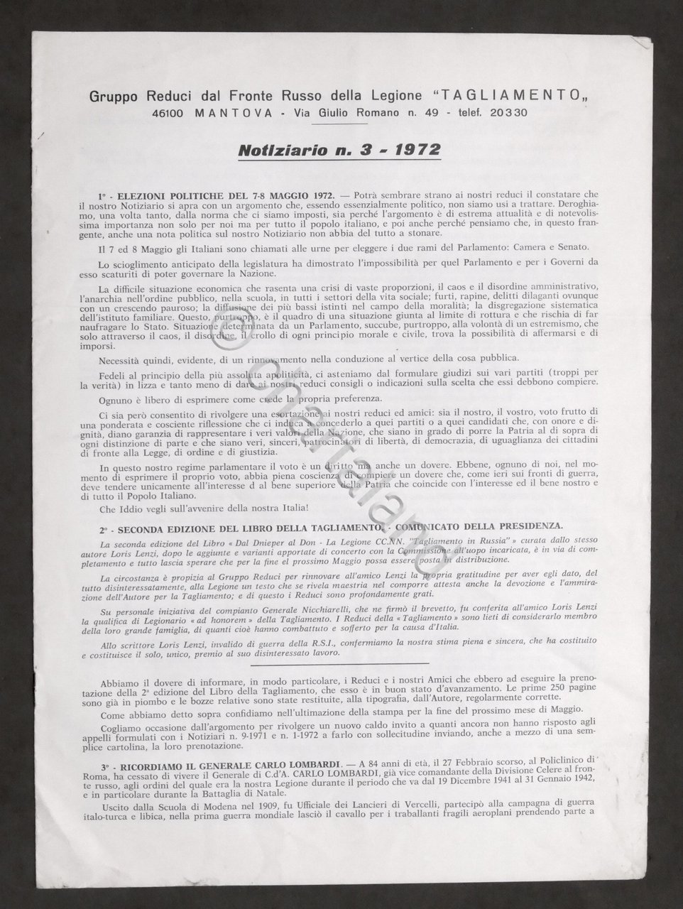 Gruppo Reduci Fronte Russo Legione Tagliamento - Mantova Notiziario N. …