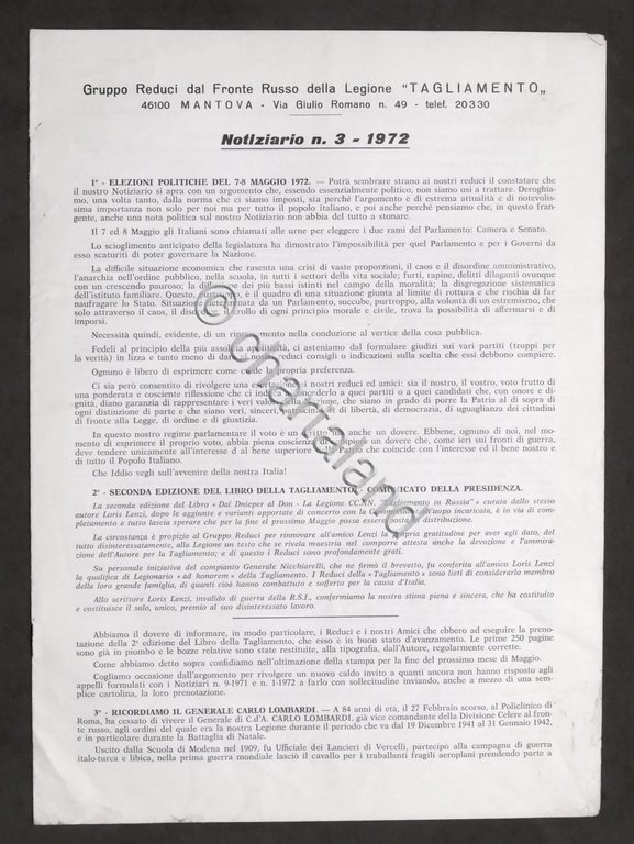 Gruppo Reduci Fronte Russo Legione Tagliamento - Mantova Notiziario N. …