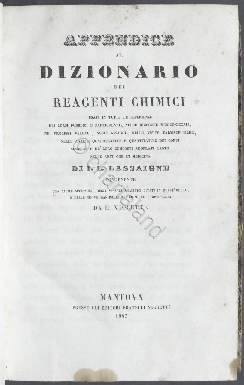 I. L. Lassaigne - Appendice al Dizionario dei reagenti chimici …