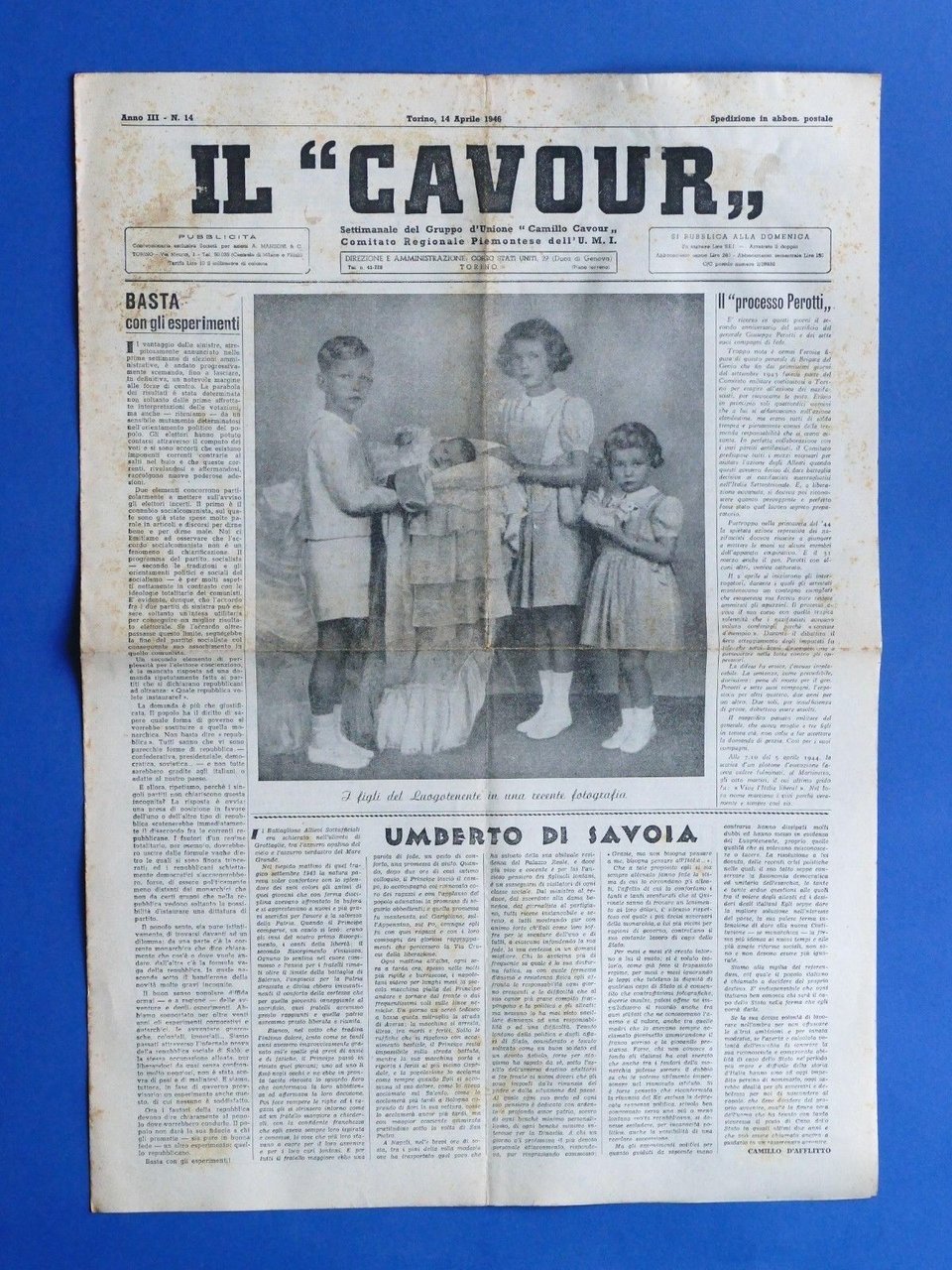Il Cavour Settimanale Unione Monarchica Italiana Torino - N° 14 … | Immagine principale