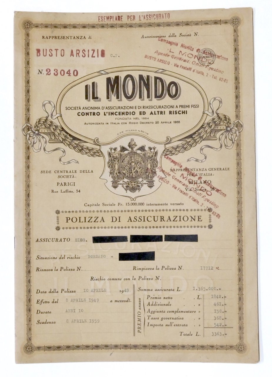 Il Mondo Società Assicurazioni contro incendio - Polizza di Assicurazione … | Immagine principale