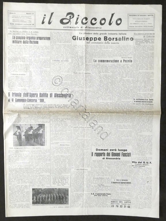 Il Piccolo - Settimanale di Alessandria Anno X N. 37 - 1934 - Giuseppe Borsalino