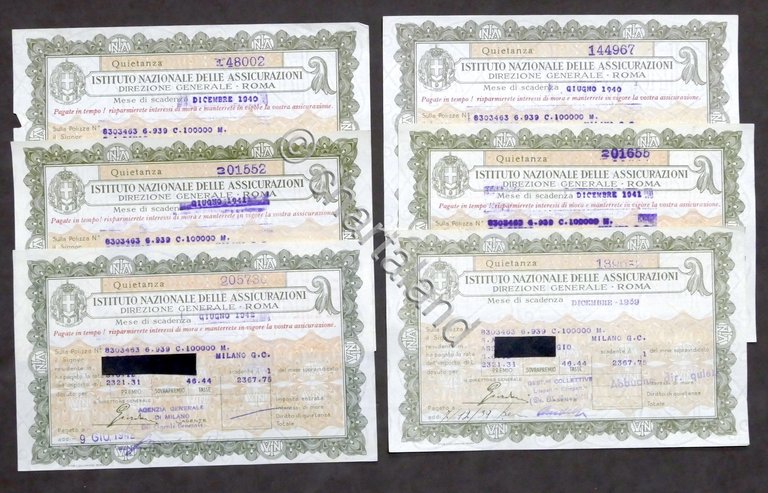 INA Istituto Nazionale Assicurazioni - Lotto 6 Quietanze pagamento - …