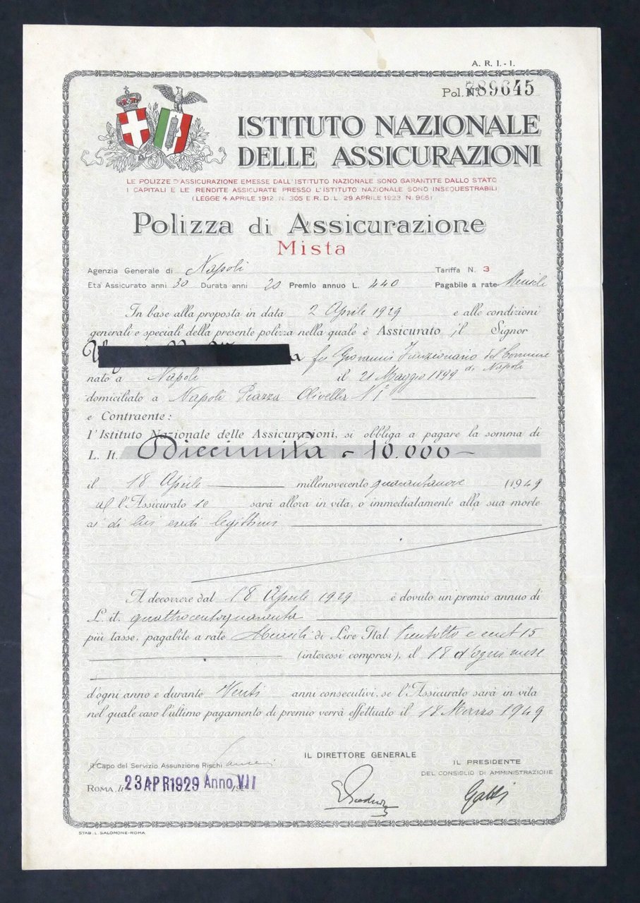 INA Istituto Nazionale delle Assicurazioni - Polizza Mista - Aprile …