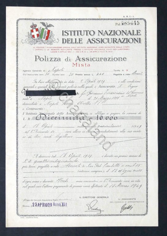 INA Istituto Nazionale delle Assicurazioni - Polizza Mista - Aprile …