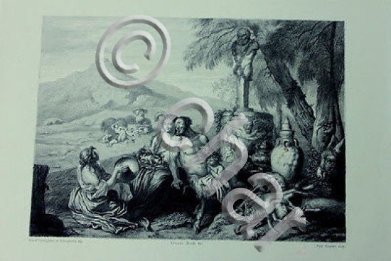 Incisione d'autore '800 da dipinto Castiglione Satiro e Baccante, dis …
