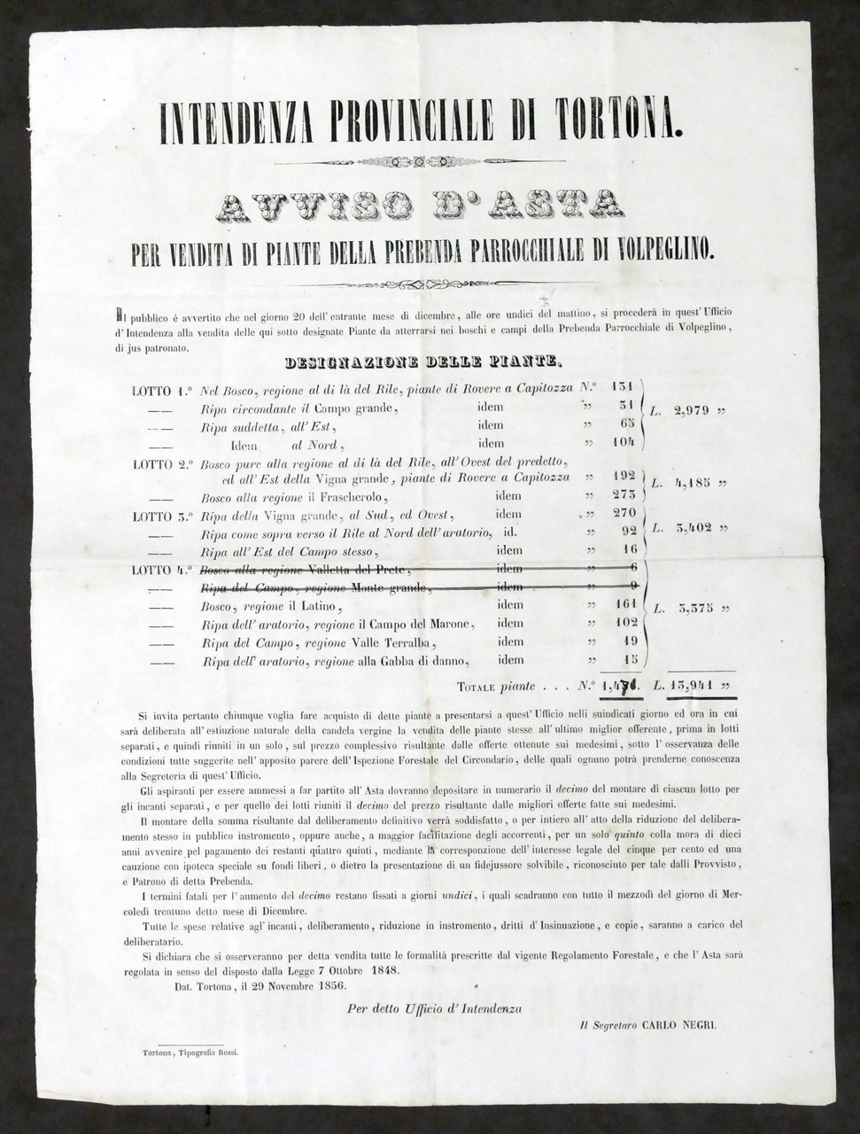 Intendenza di Tortona - Avviso Asta vendita piante parrocchiale Volpeglino …