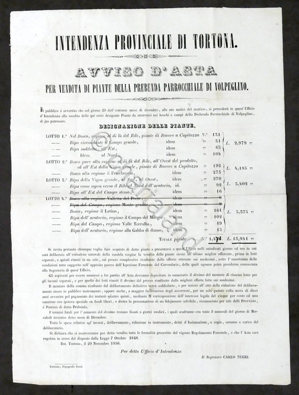 Intendenza di Tortona - Avviso Asta vendita piante parrocchiale Volpeglino …