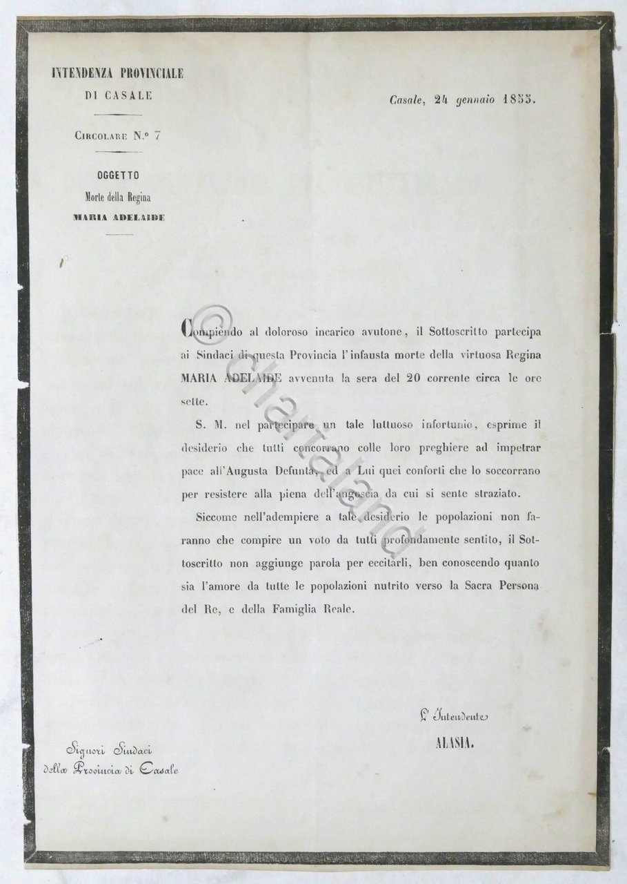 Intendenza Prov. Casale - Circolare N. 7 Lutto morte Regina …
