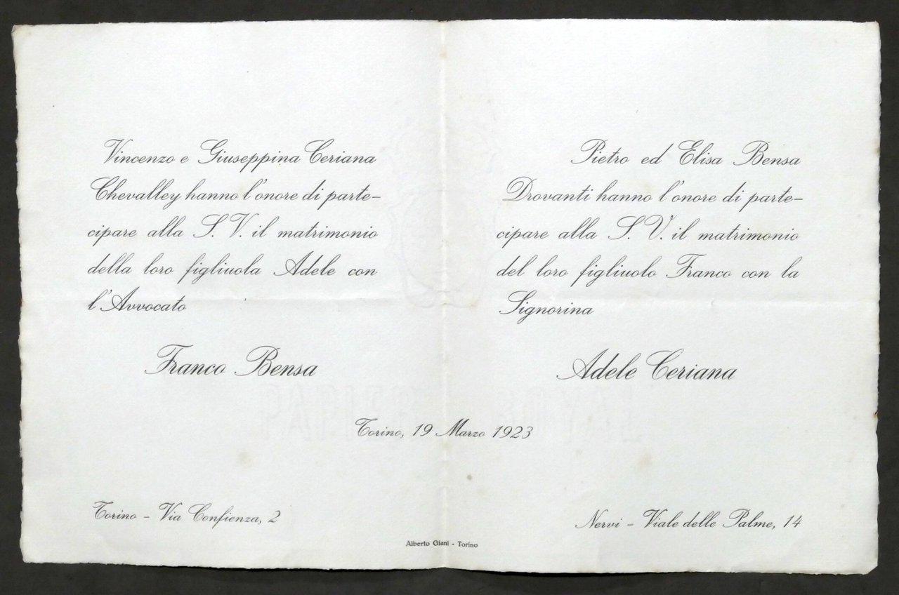 Invito Nozze avvocato Franco Bensa con la signorina Adele Ceriana …