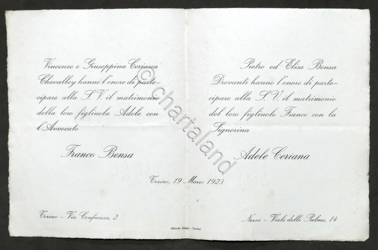 Invito Nozze avvocato Franco Bensa con la signorina Adele Ceriana …