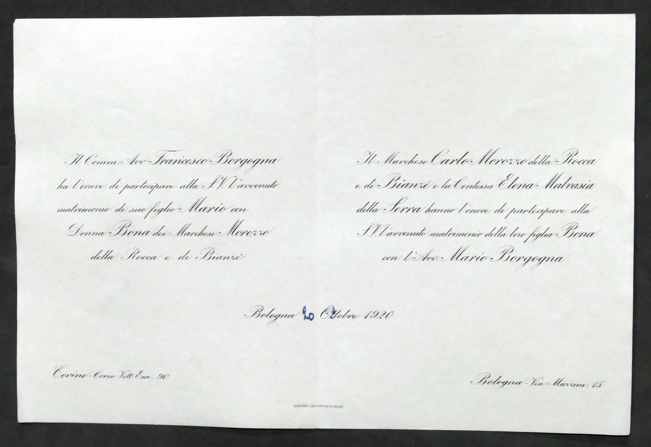 Invito Nozze avvocato Mario Borgogna con Donna Bona dei Marchesi …