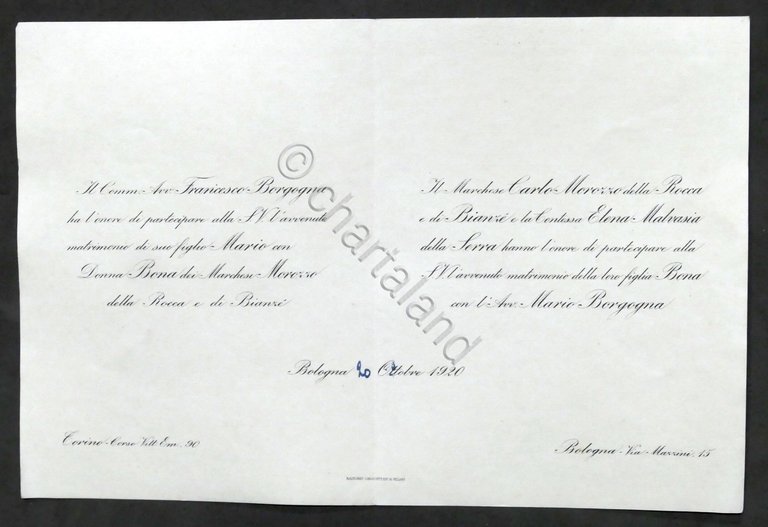 Invito Nozze avvocato Mario Borgogna con Donna Bona dei Marchesi …