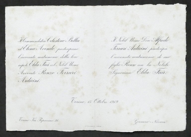 Invito Nozze avvocato Renzo Ferrari Ardicini con la signorina Elda Faà - 1919