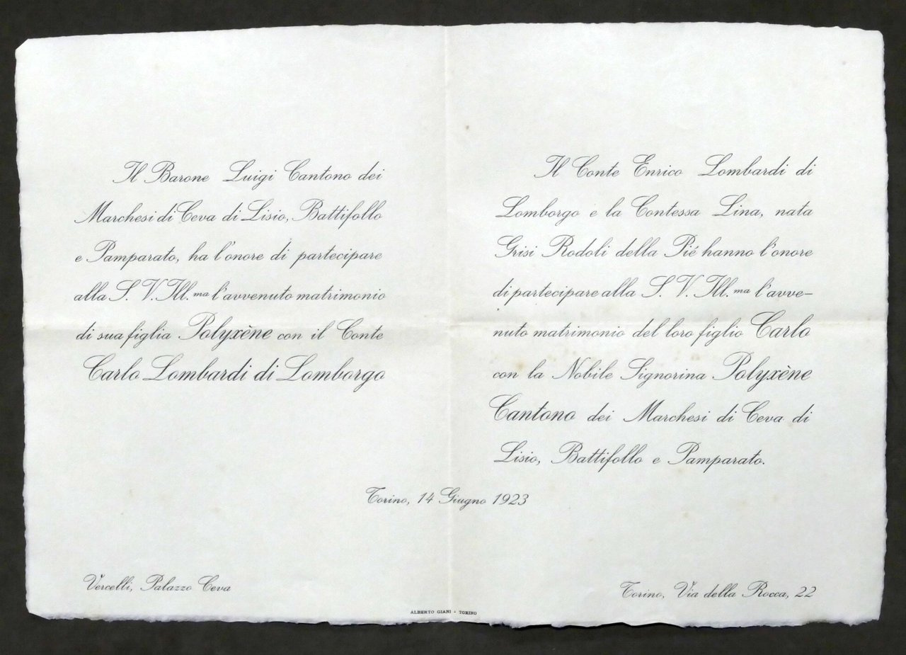 Invito Nozze conte Carlo Lombardi con la signorina Polyxiene Cantono …