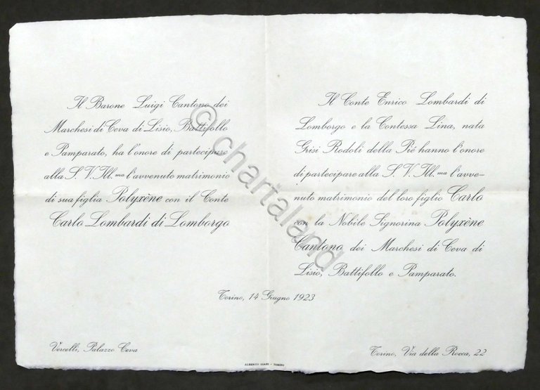 Invito Nozze conte Carlo Lombardi con la signorina Polyxiene Cantono …