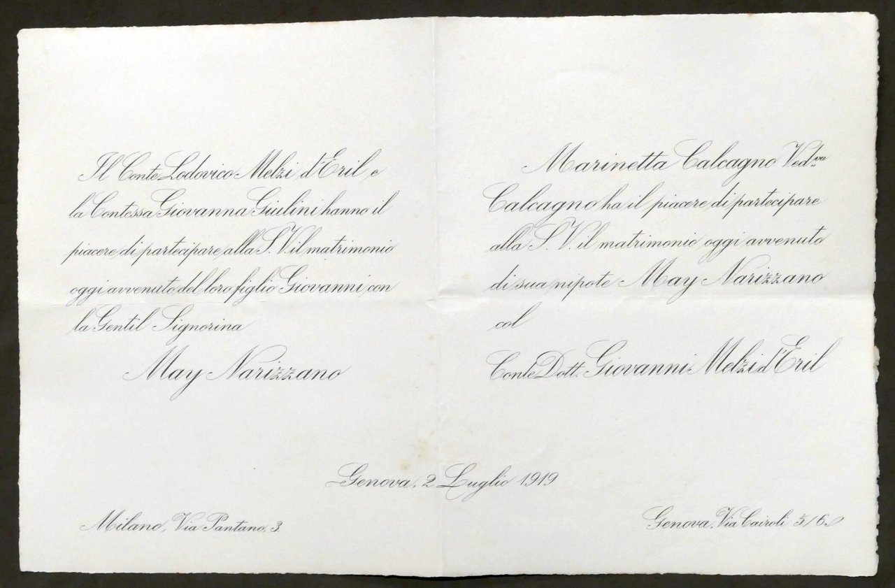 Invito Nozze Conte Giovanni Melzi d'Eril con la signorina May …