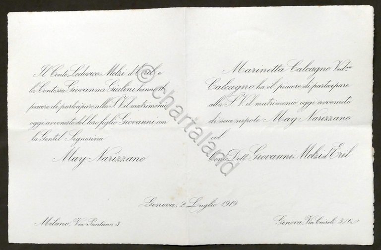 Invito Nozze Conte Giovanni Melzi d'Eril con la signorina May …