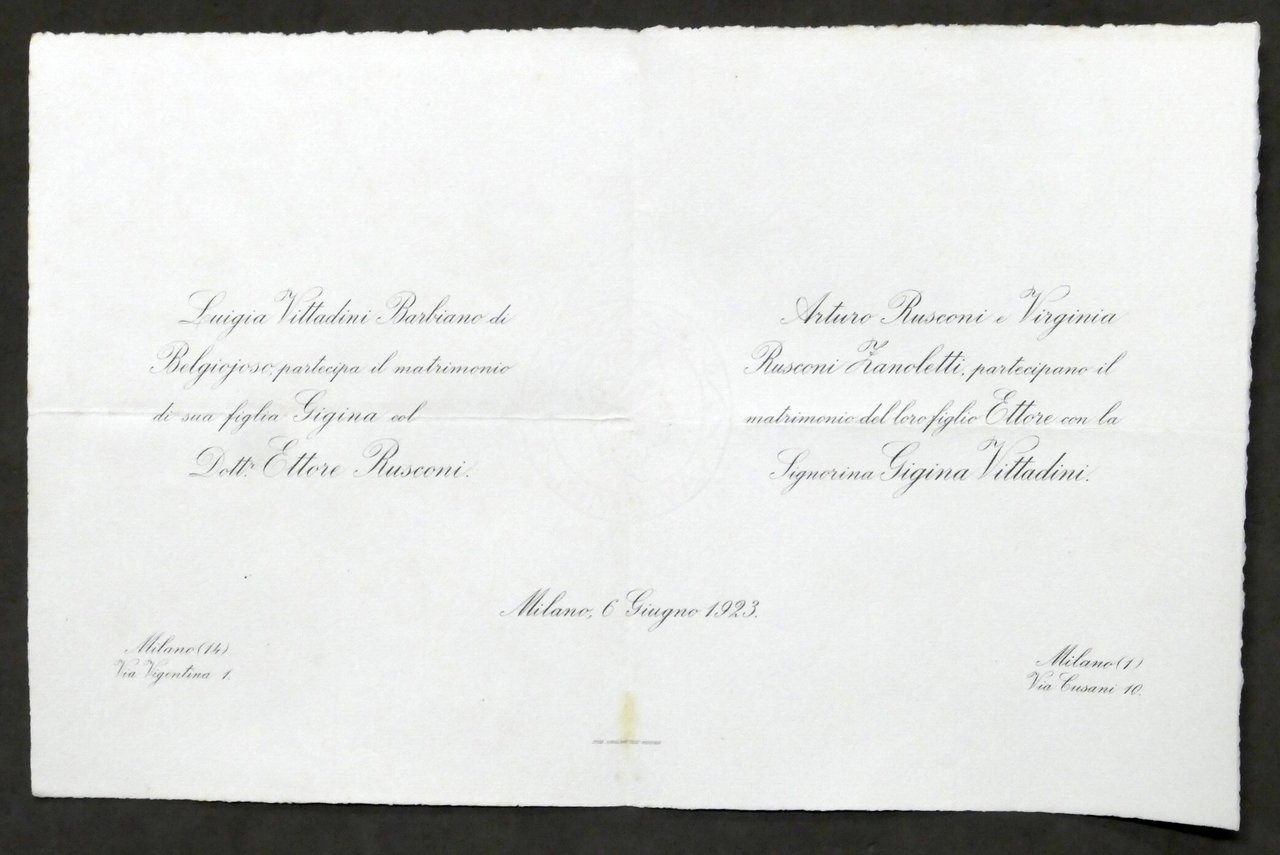 Invito Nozze dottor Ettore Rusconi e la signorina Gigina Vittadini …