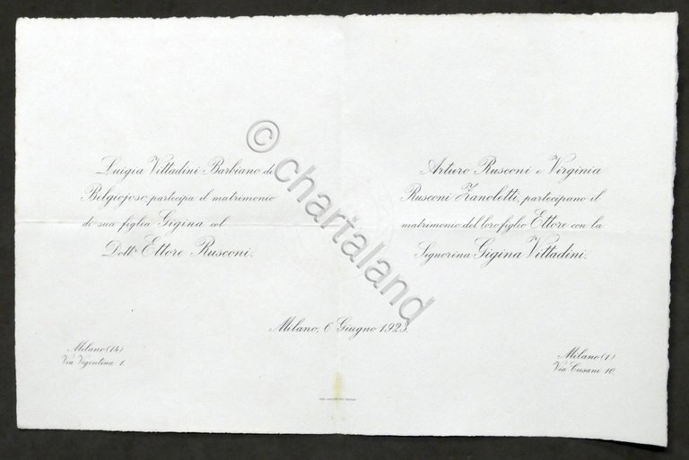 Invito Nozze dottor Ettore Rusconi e la signorina Gigina Vittadini …