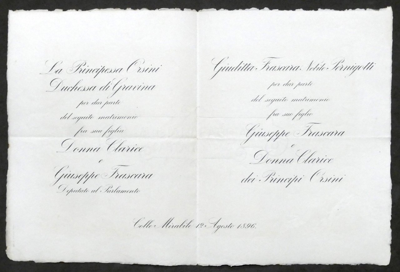 Invito Nozze Giuseppe Frascara con Donna Clarice dei Principi Orsini …