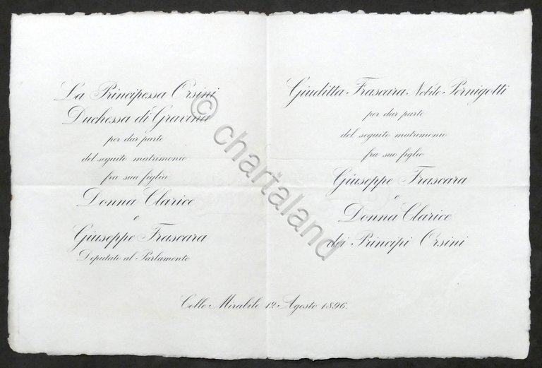 Invito Nozze Giuseppe Frascara con Donna Clarice dei Principi Orsini …