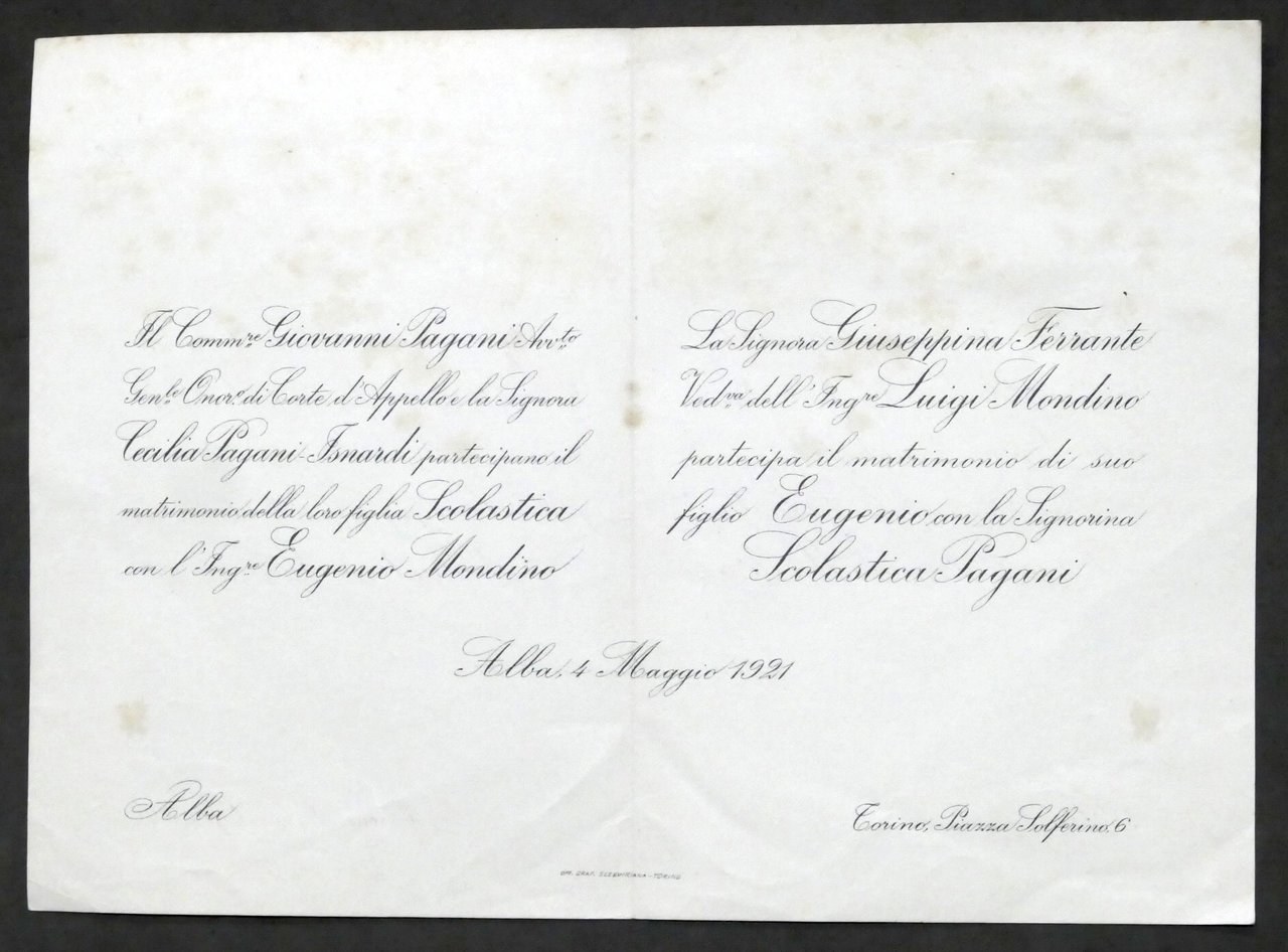 Invito Nozze ingegnere Eugenio Mondino con la signorina Scolastica Pagani …