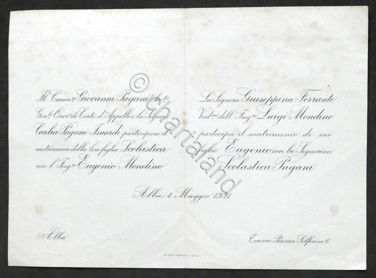Invito Nozze ingegnere Eugenio Mondino con la signorina Scolastica Pagani …