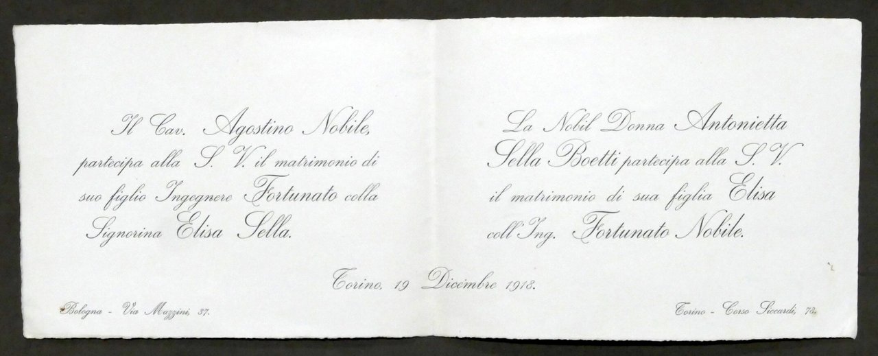 Invito Nozze ingegnere Fortunato Nobile con la signorina elisa Sella …
