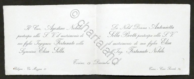 Invito Nozze ingegnere Fortunato Nobile con la signorina elisa Sella …