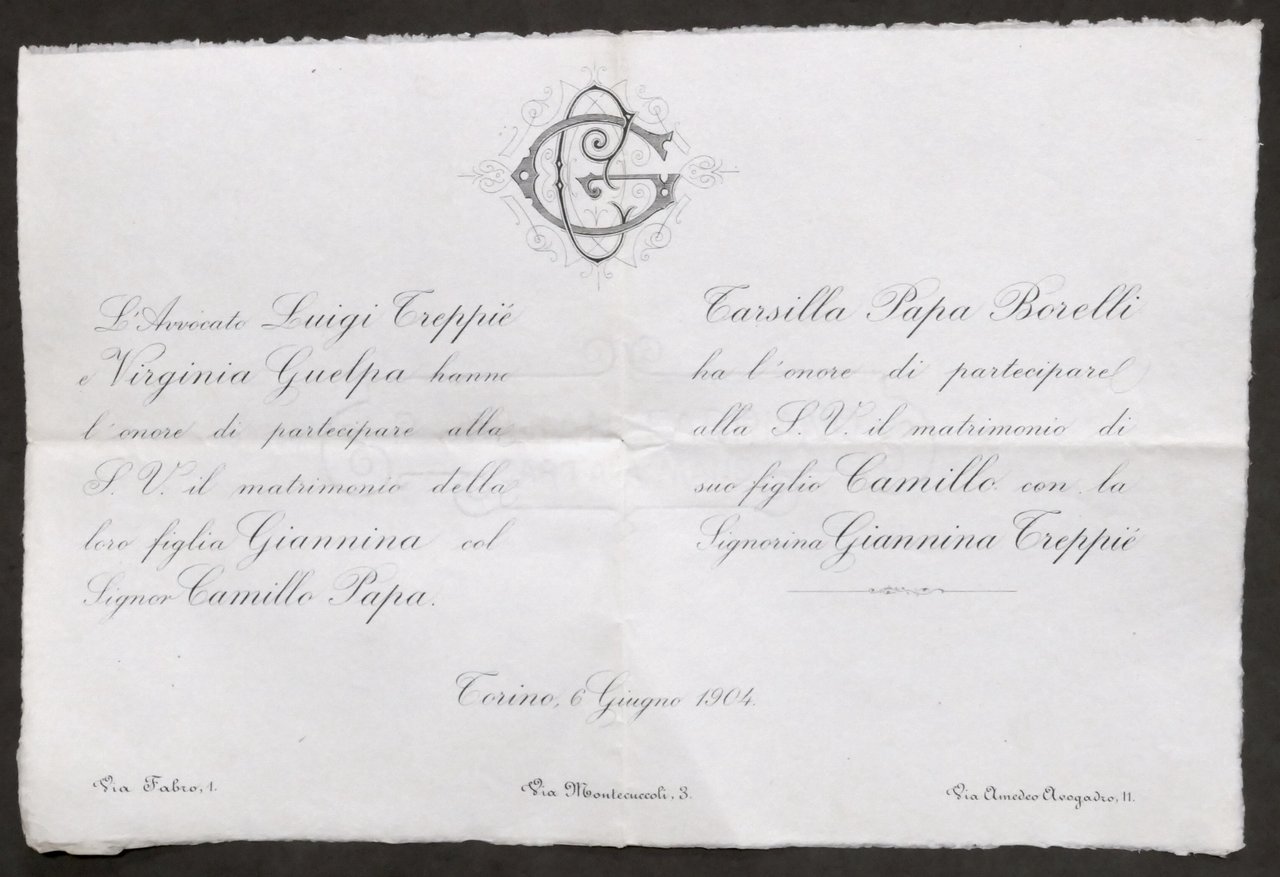 Invito Nozze signor Camillo Papa con la signorina Giannina Treppiè … | Immagine principale