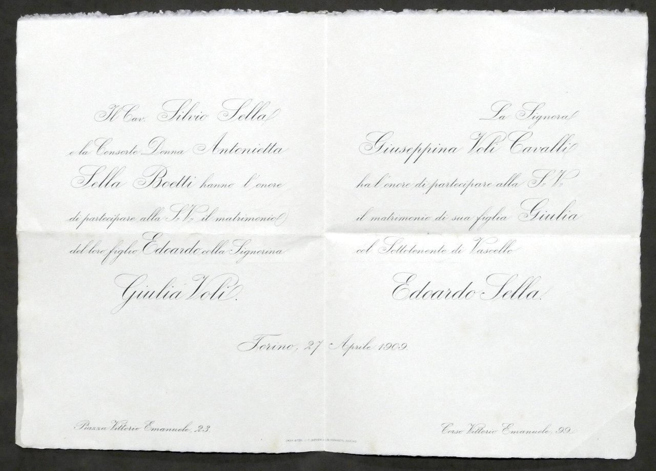 Invito Nozze sottottenente Edoardo Sella con la signorina Giulia Voli …