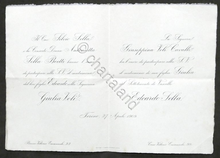 Invito Nozze sottottenente Edoardo Sella con la signorina Giulia Voli …