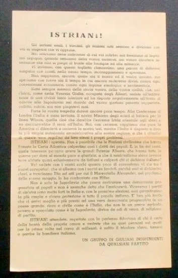 Irredentismo - Volantino Istria Istriani! Tornerà a garrire la bandiera italiana