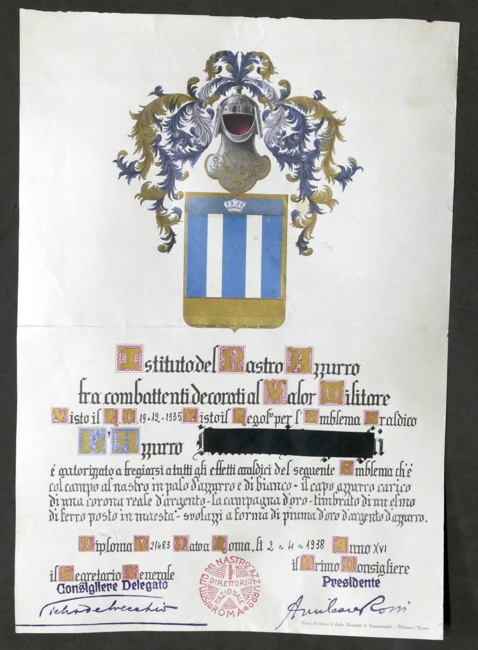 Istituto Nastro Azzurro - Autorizzazione a fregiarsi di emblema araldico …