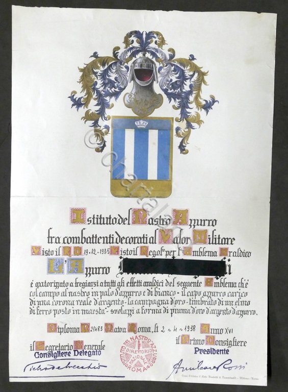 Istituto Nastro Azzurro - Autorizzazione a fregiarsi di emblema araldico …