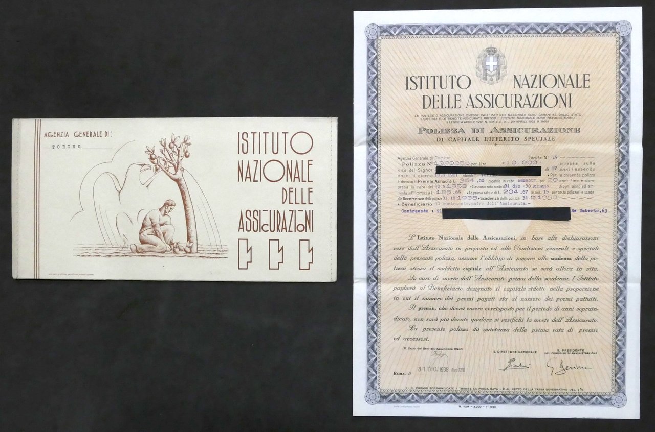Istituto Nazionale Assicurazioni - Polizza di Capitale Differito Speciale 1938