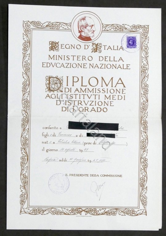 Istituto Tecnico Crispi Ragusa - Diploma Ammissione Istituti Medi 1° Grado 1940