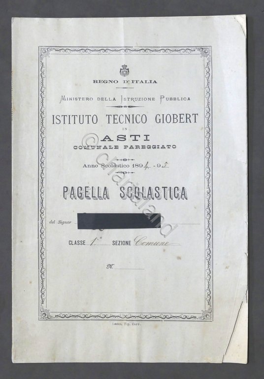 Istituto Tecnico Giobert in Asti - Pagella Classe 1^ - Anno 1894 - 1895