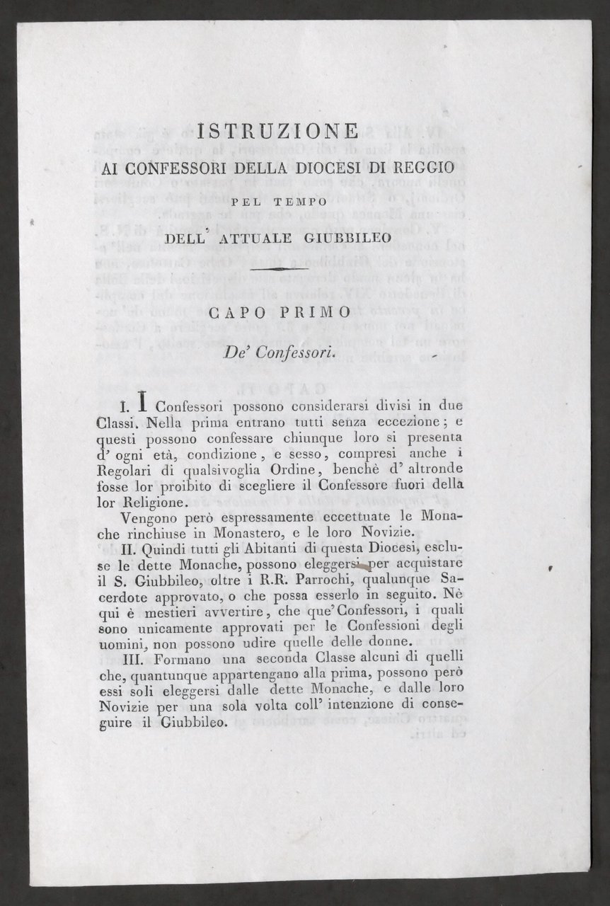 Istruzione ai confessori della Diocesi di Reggio per attuale Giubileo …