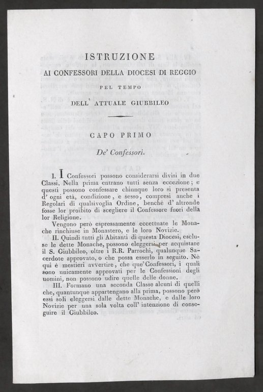 Istruzione ai confessori della Diocesi di Reggio per attuale Giubileo - 1826
