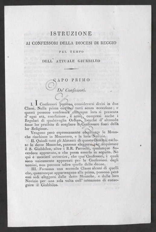 Istruzione ai confessori della Diocesi di Reggio per attuale Giubileo …