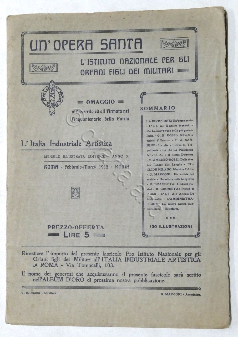 Italia Industriale Artisica Numero unico: Opera Santa Orfani figli Militari …