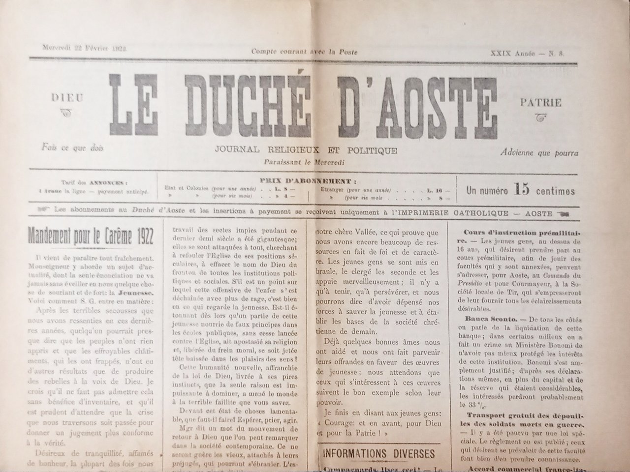 Journal Religieux et Politique - Le Duchè d'Aoste N. 8 …